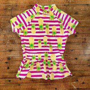 Lands End pink stripe pineapple ruffled skirt 10 rash guard